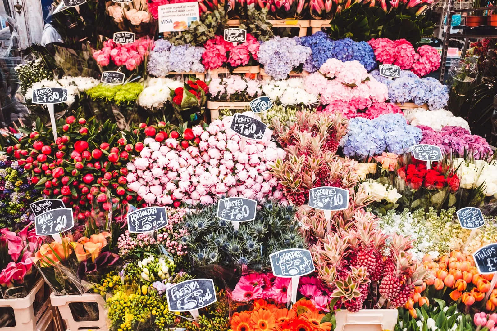 Caption: Bustling Flower Market in Full Bloom Wallpaper