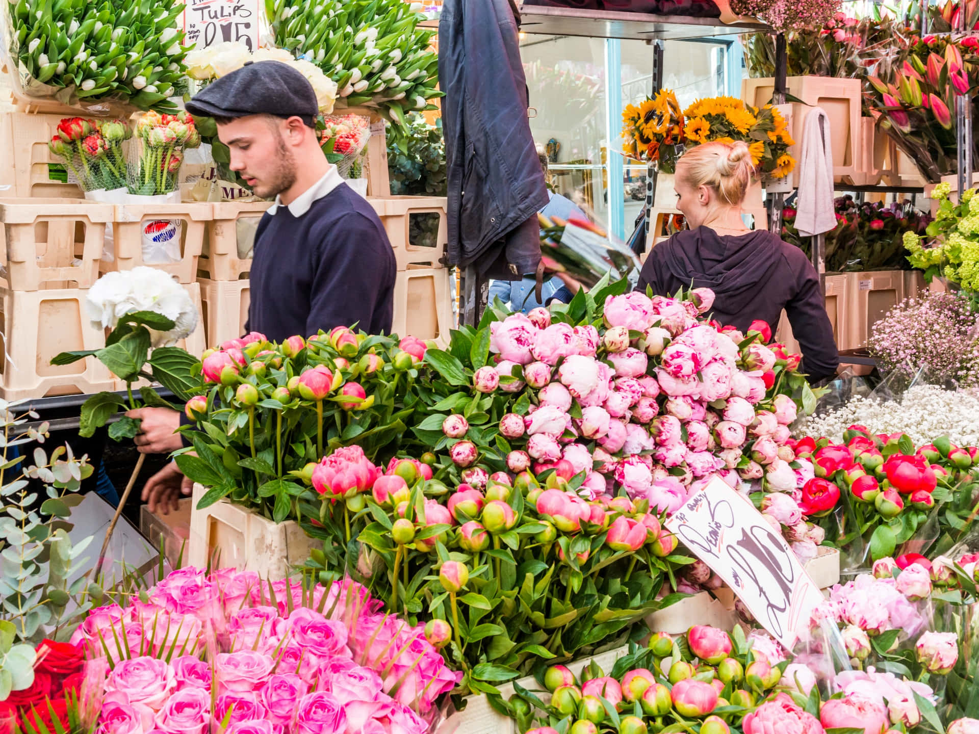 Crowded Flower Market in Full Bloom Wallpaper