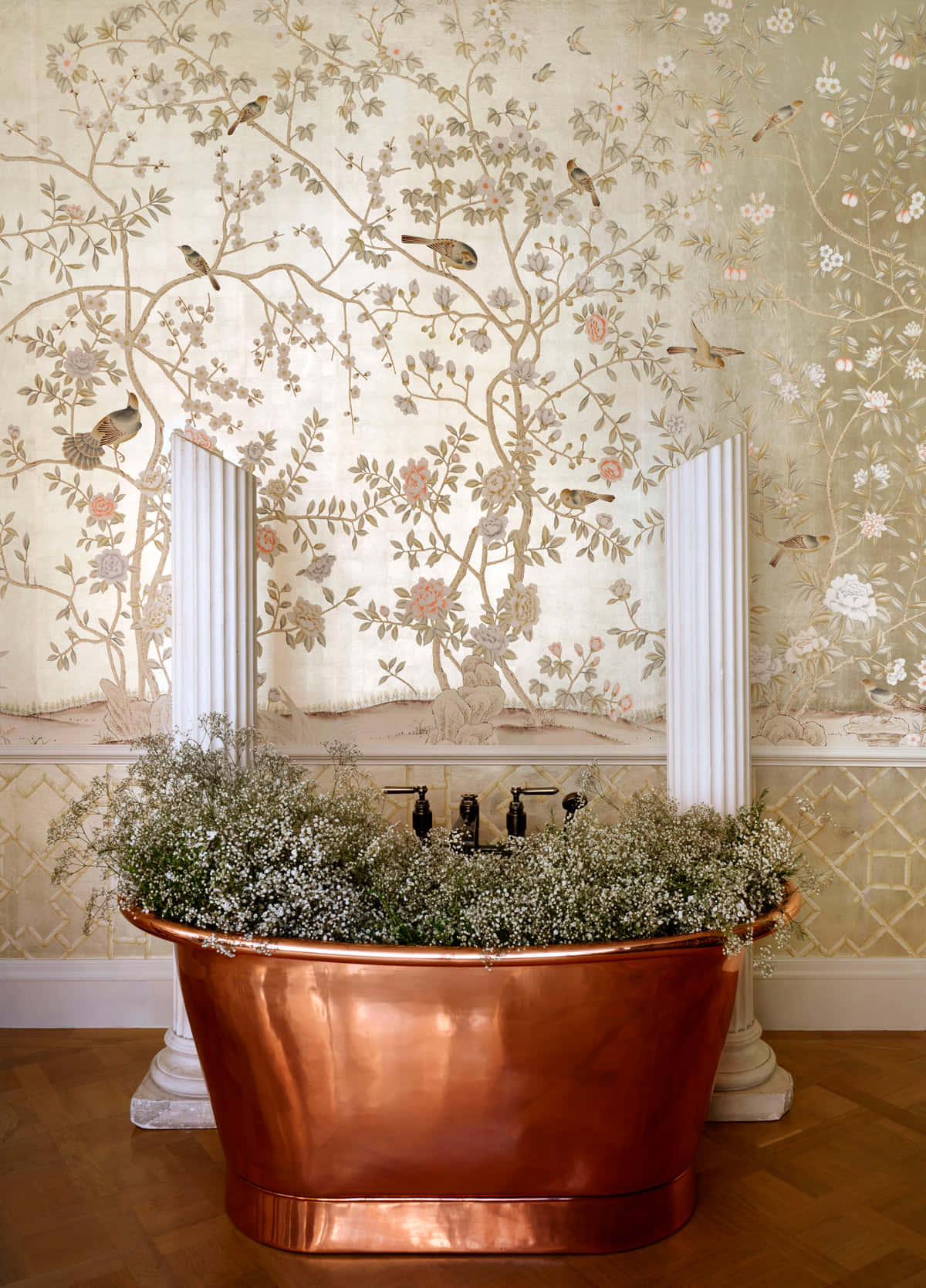 Flower Pot Against A Wall With Gilded Details Wallpaper