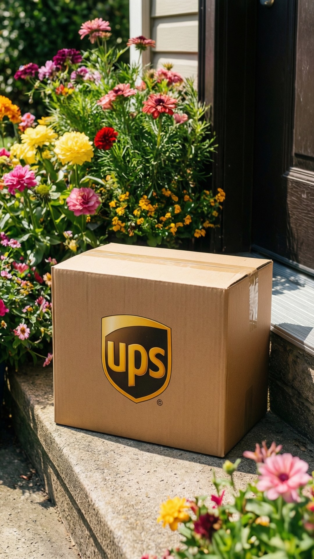 UPS package on doorstep with flowers.