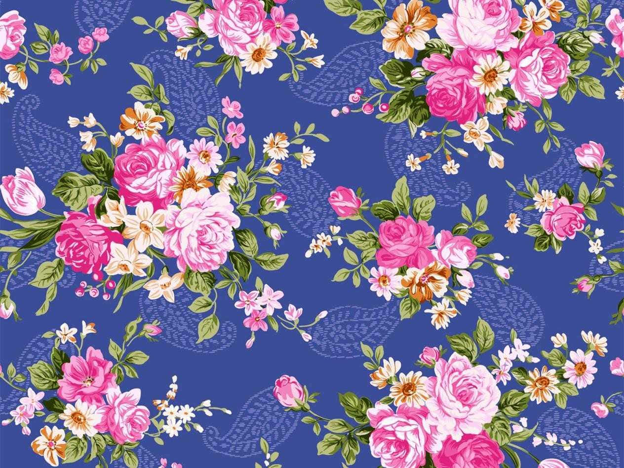 Einflorales Muster Mit Rosa Rosen Auf Einem Blauen Hintergrund.