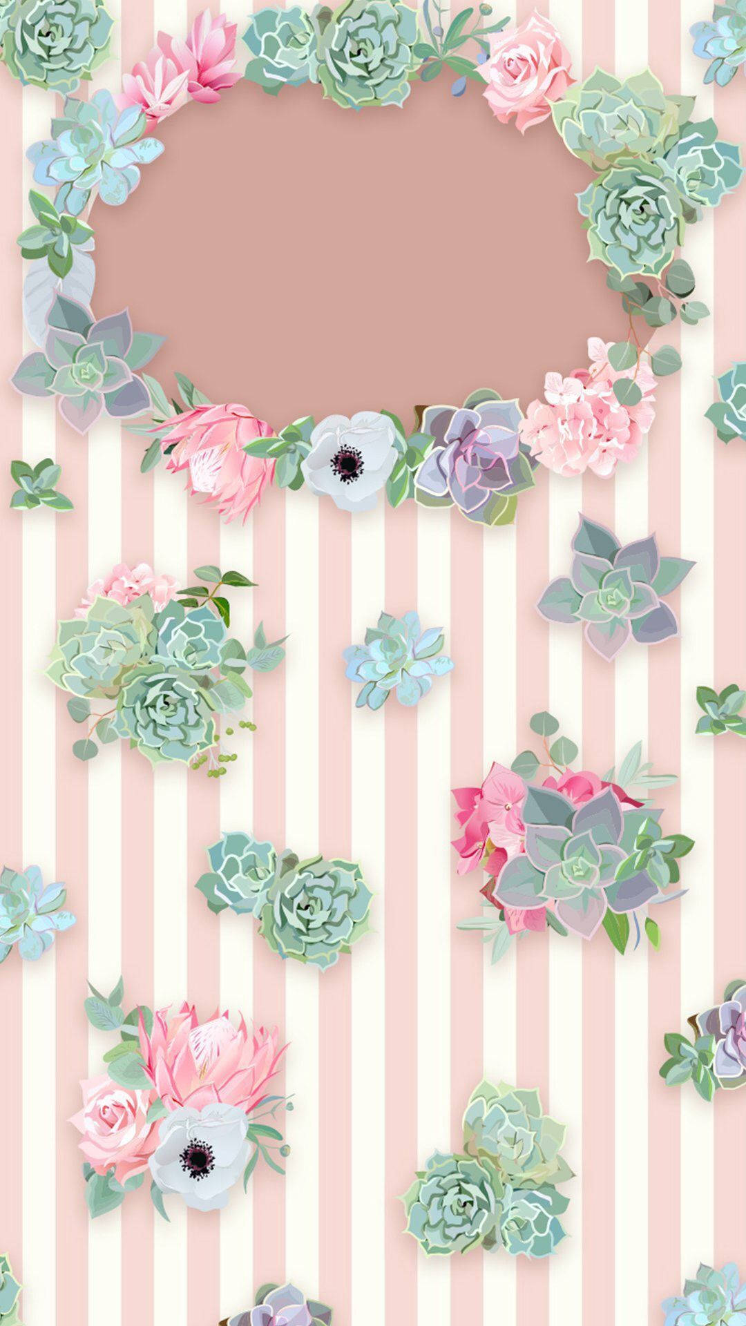 Flowers On Kawaii Pink Stripe Background Wallpaper