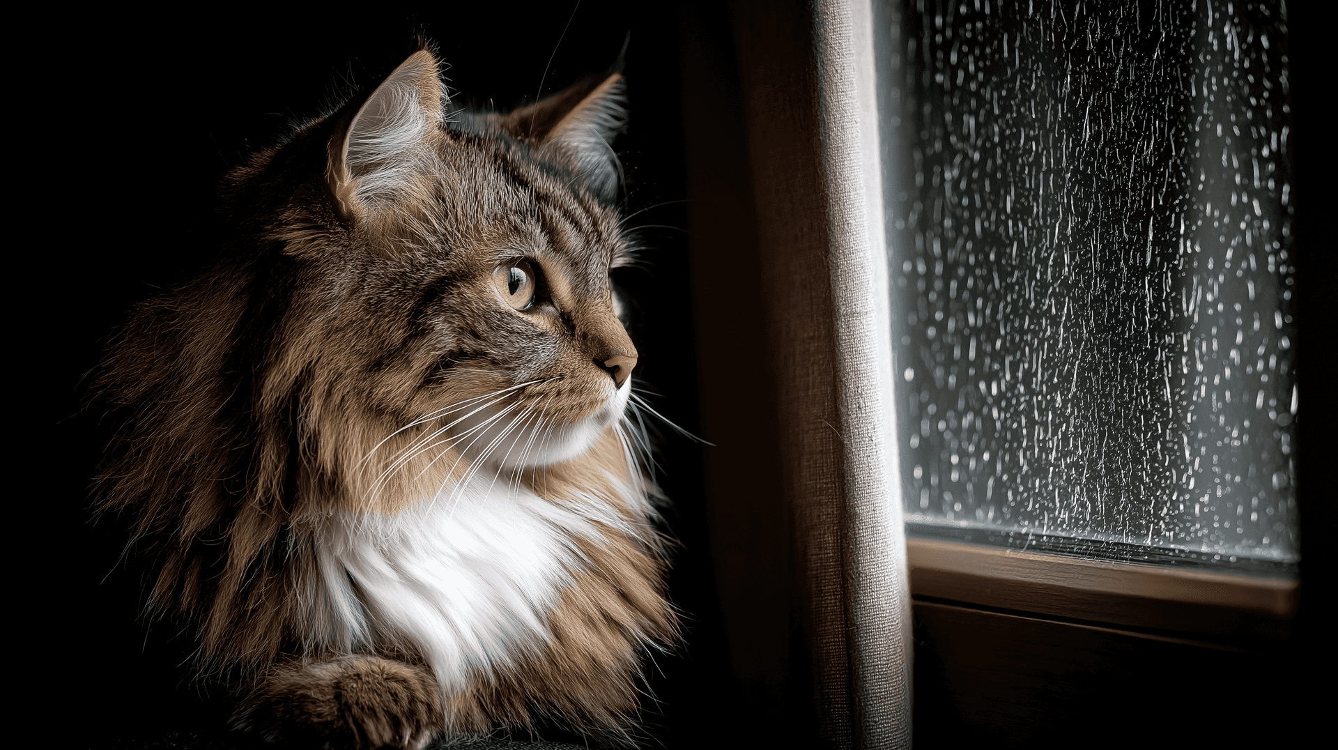 Fluffy Cat Looking Out Rainy Window Wallpaper