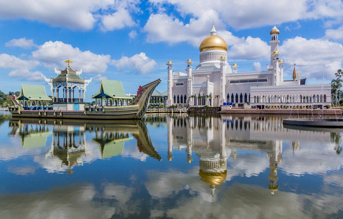 Fluffy Clouds Above Brunei Mosque Wallpaper
