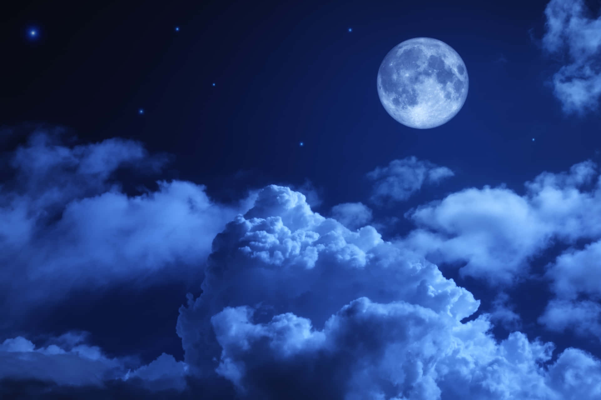 Fluffy Clouds Night Sky Moon Picture