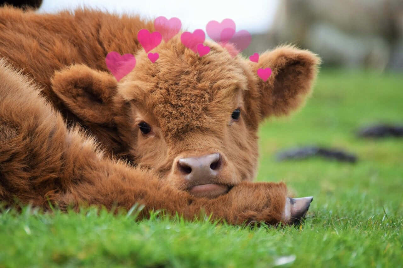 Fluffy Cow With Hearts Aesthetic.jpg Wallpaper