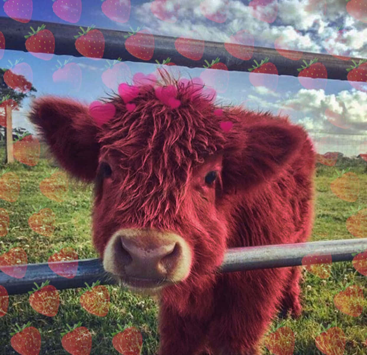 Fluffy Red Cow With Strawberry Background Wallpaper