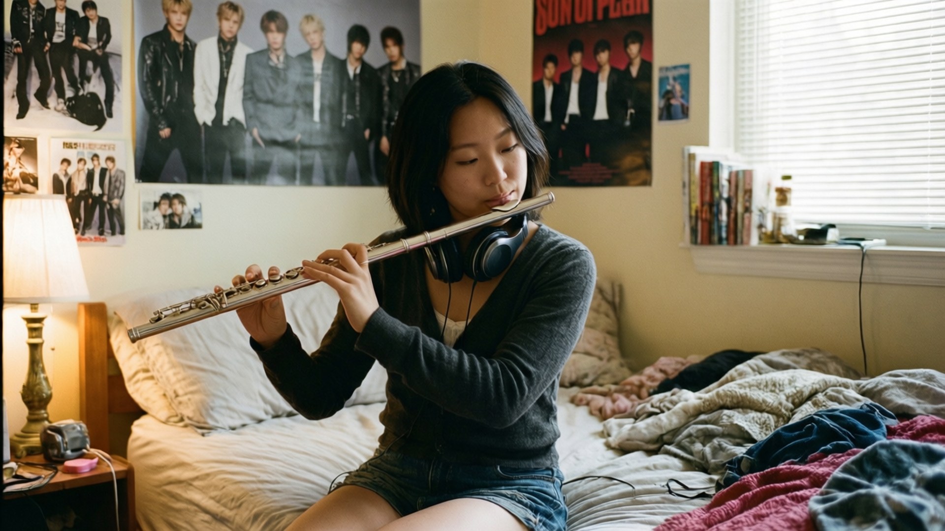 Meilin spielt Flöte in ihrem Schlafzimmer mit Bandpostern