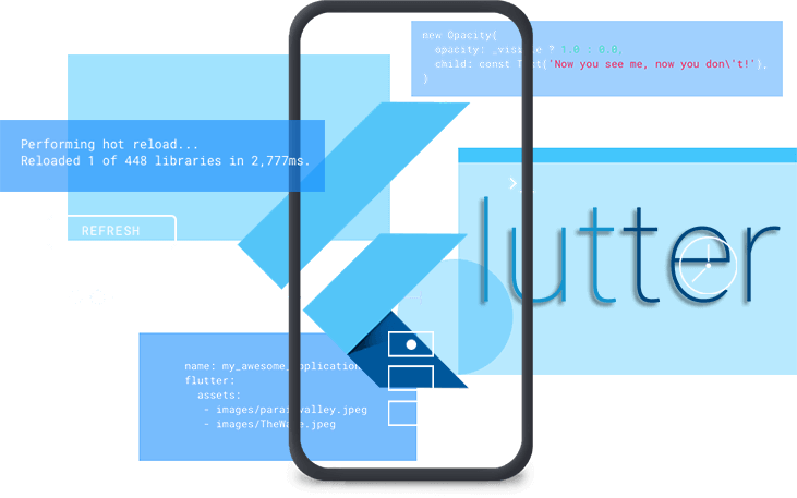 Flutter_ App_ Development_ Screen PNG — A smartphone displays Flutter code snippets and UI elements against a vibrant blue digital background.