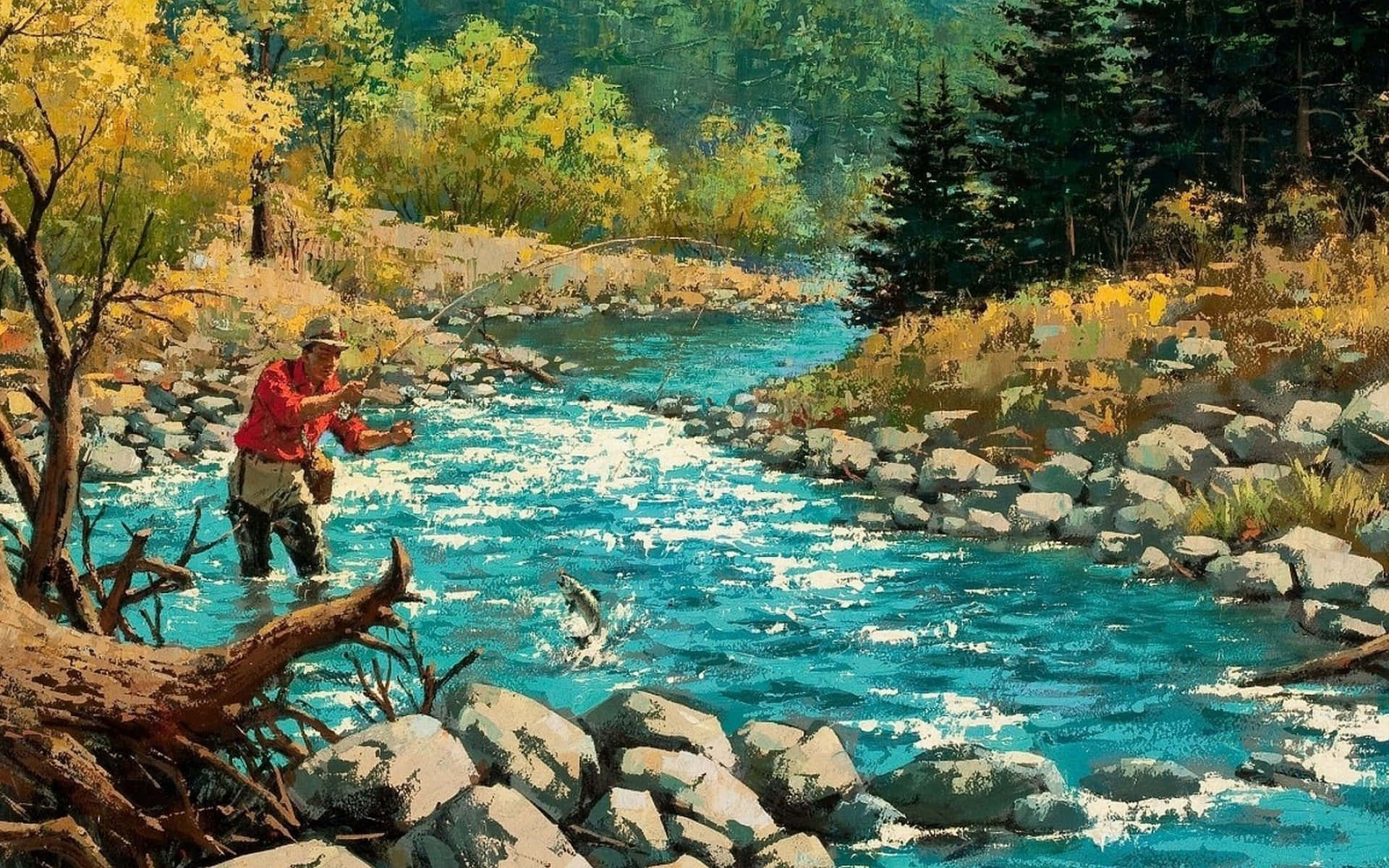 Taking in the beauty of nature while fly fishing Wallpaper