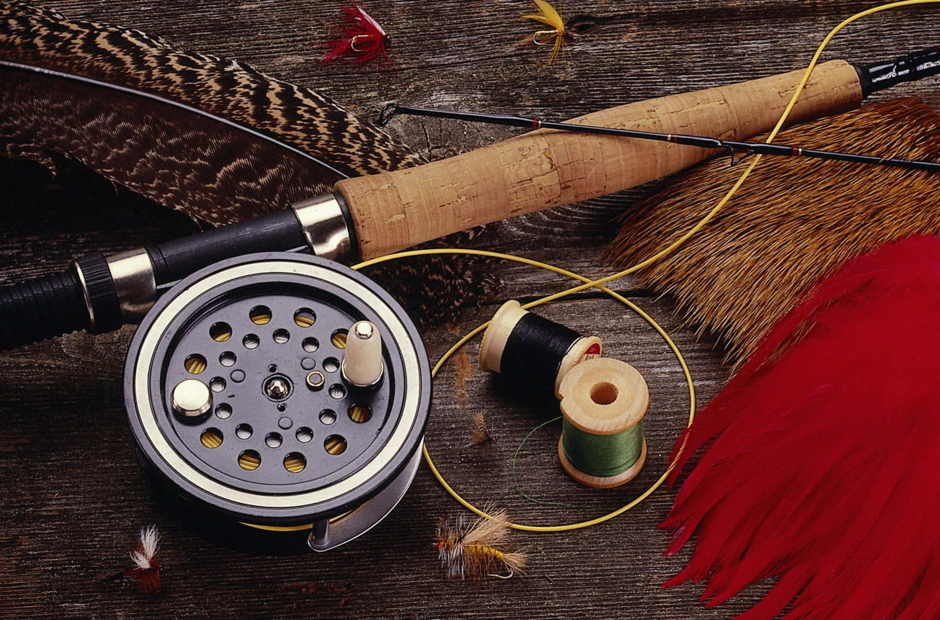 A Fly Fishing Rod And Reel With Feathers And Feathers Wallpaper