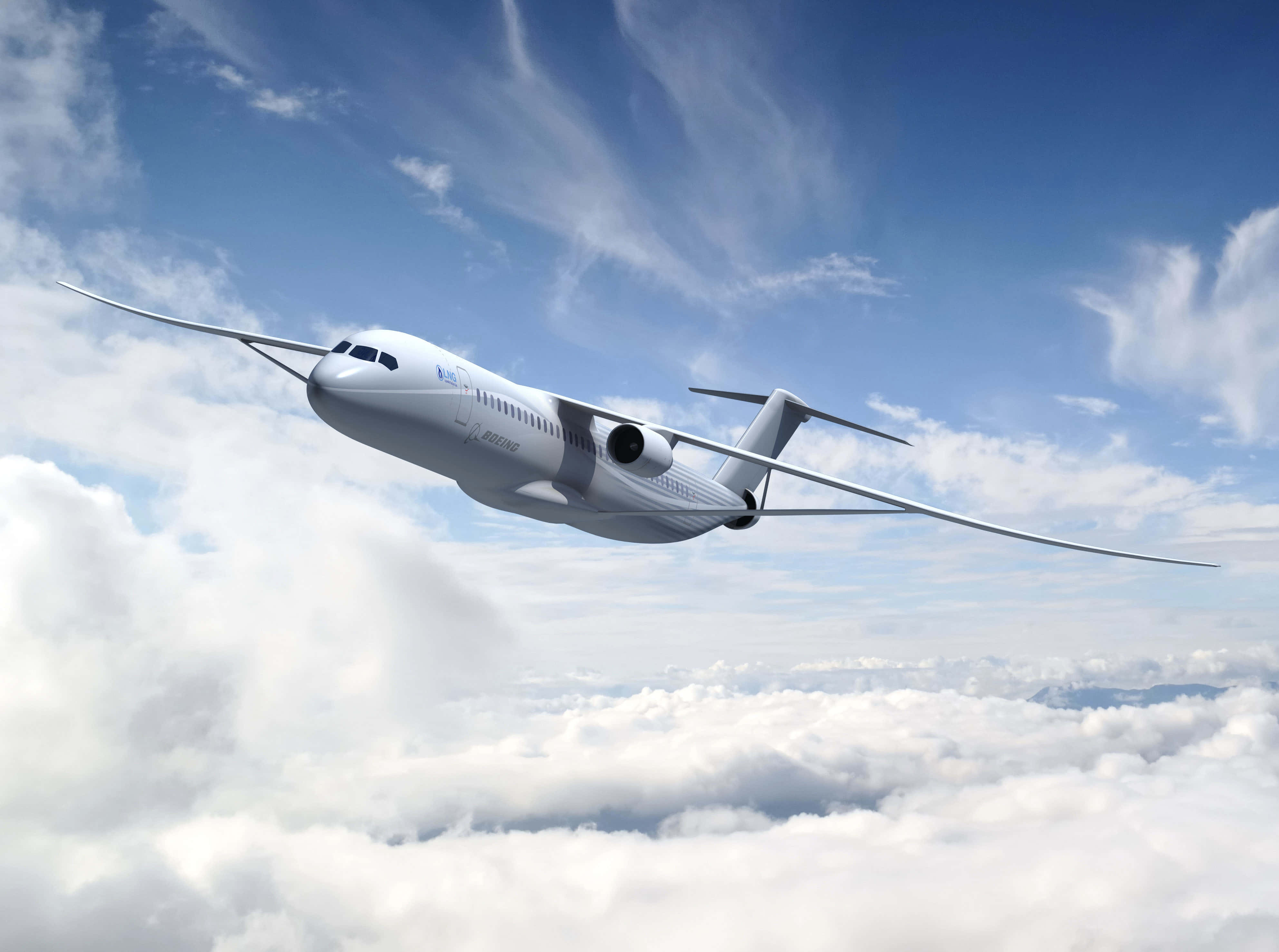 Fly Through The Clouds Picture — A sleek white Boeing aircraft soars gracefully above fluffy white clouds under a vibrant blue sky with wispy cirrus clouds.