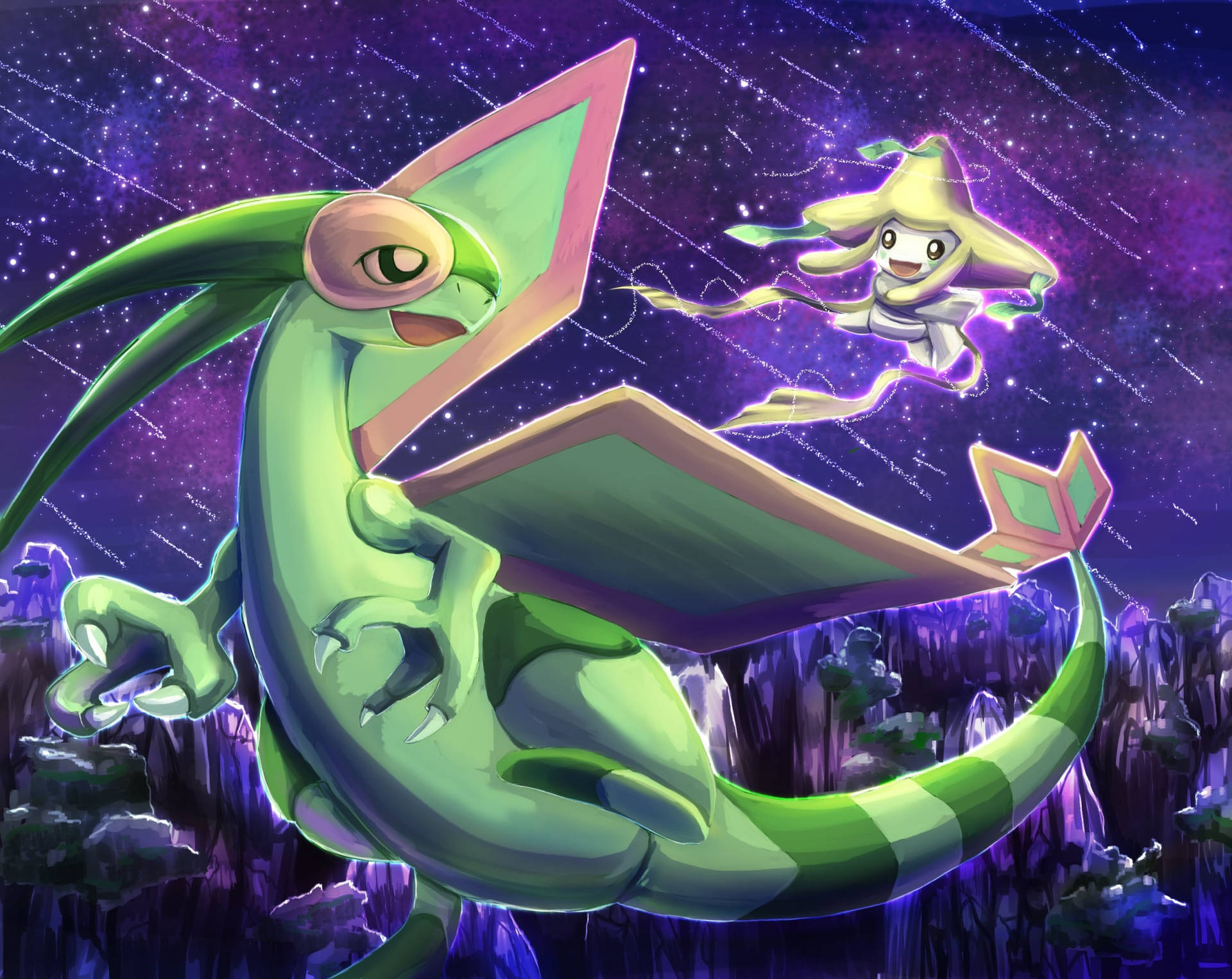 Legendary Encounter - Flygon and Jirachi in a Mesmerizing Standoff Wallpaper