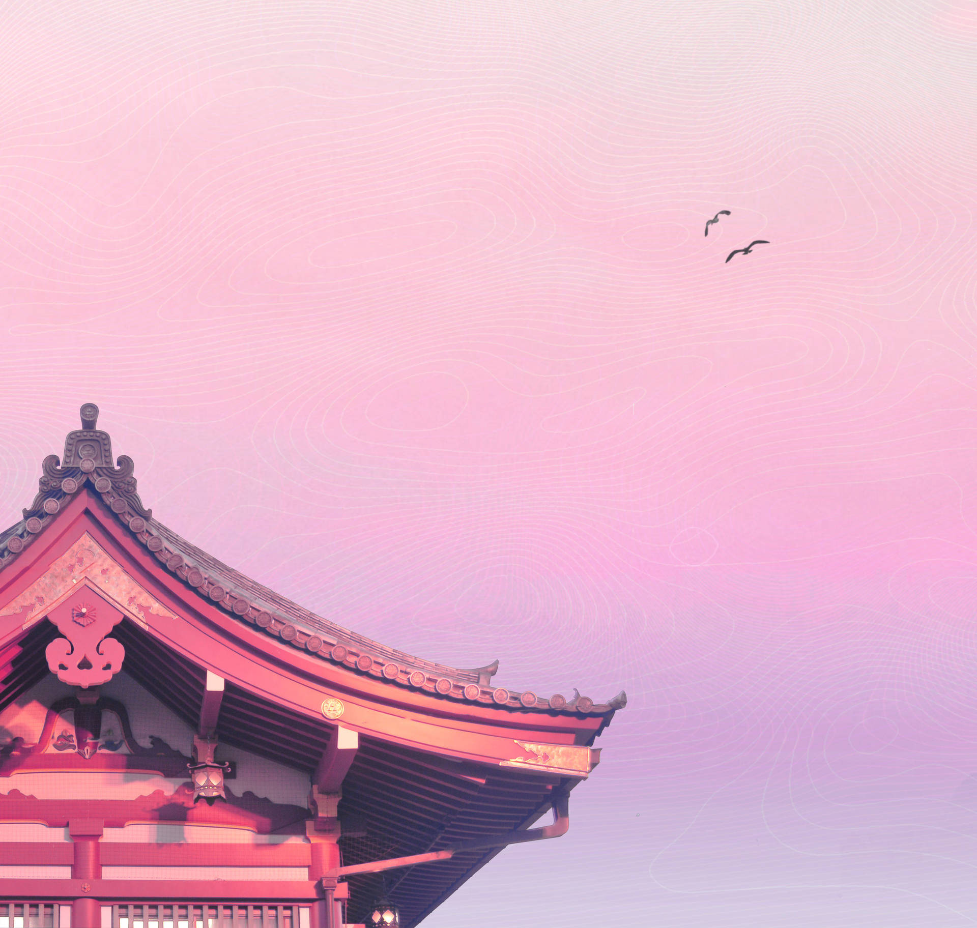 Flyvende fugle og pagoda pastel japansk æstetisk tapet Wallpaper