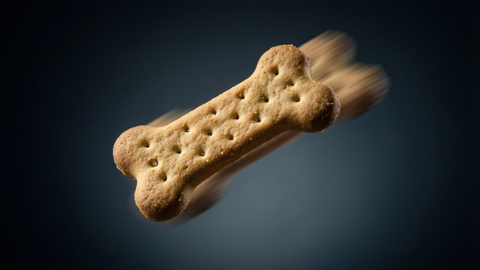 Biskuit Milk-Bone tertangkap di udara dengan latar belakang gelap.