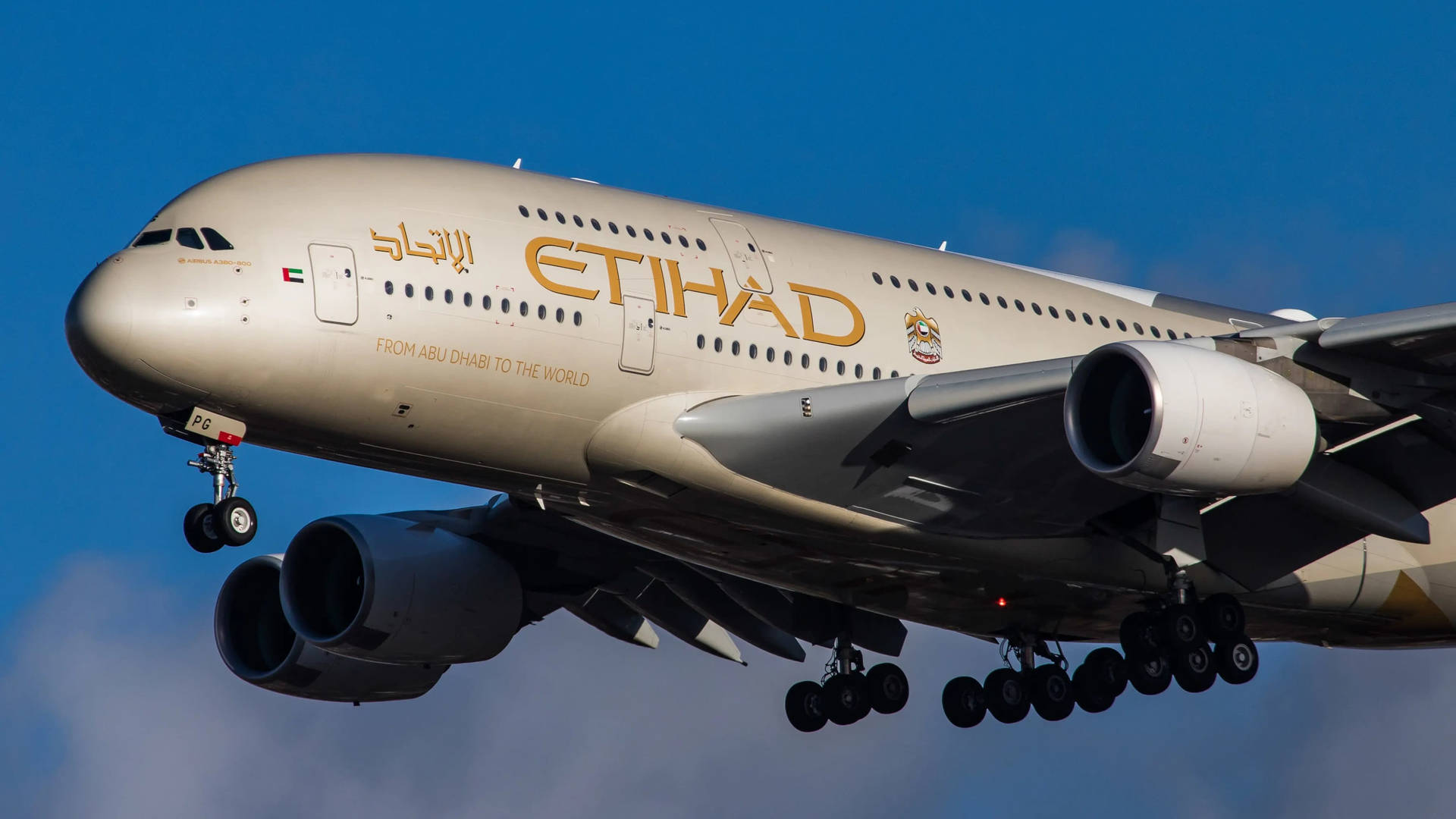 Caption: Etihad Airways Plane Soaring in the Sky Wallpaper