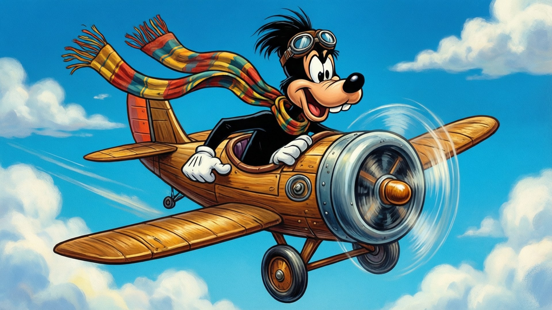 Muttley piloterar ett biplan på himlen, retro tecknad stil.