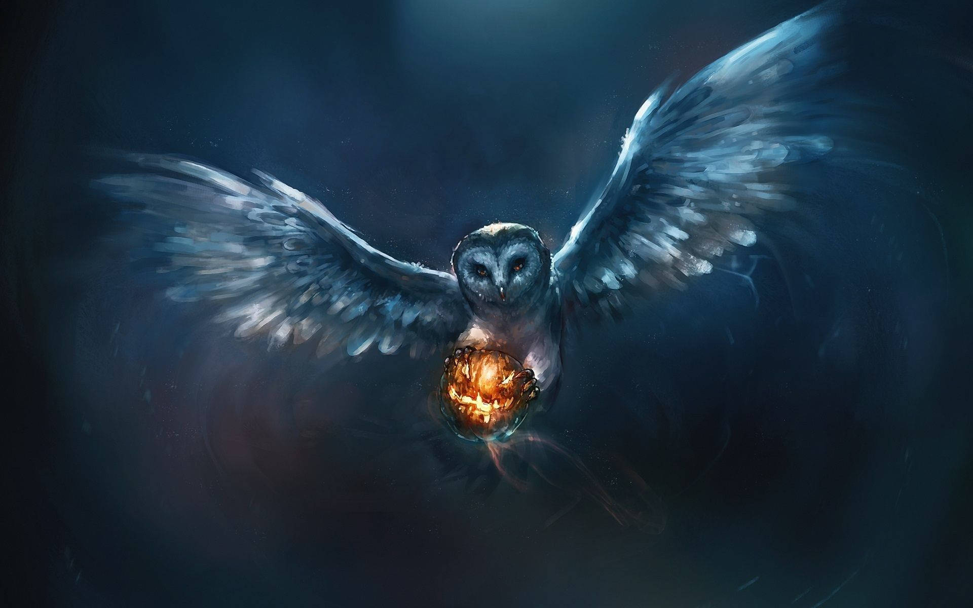 A mysterious Halloween owl with a lantern lighting its way Wallpaper