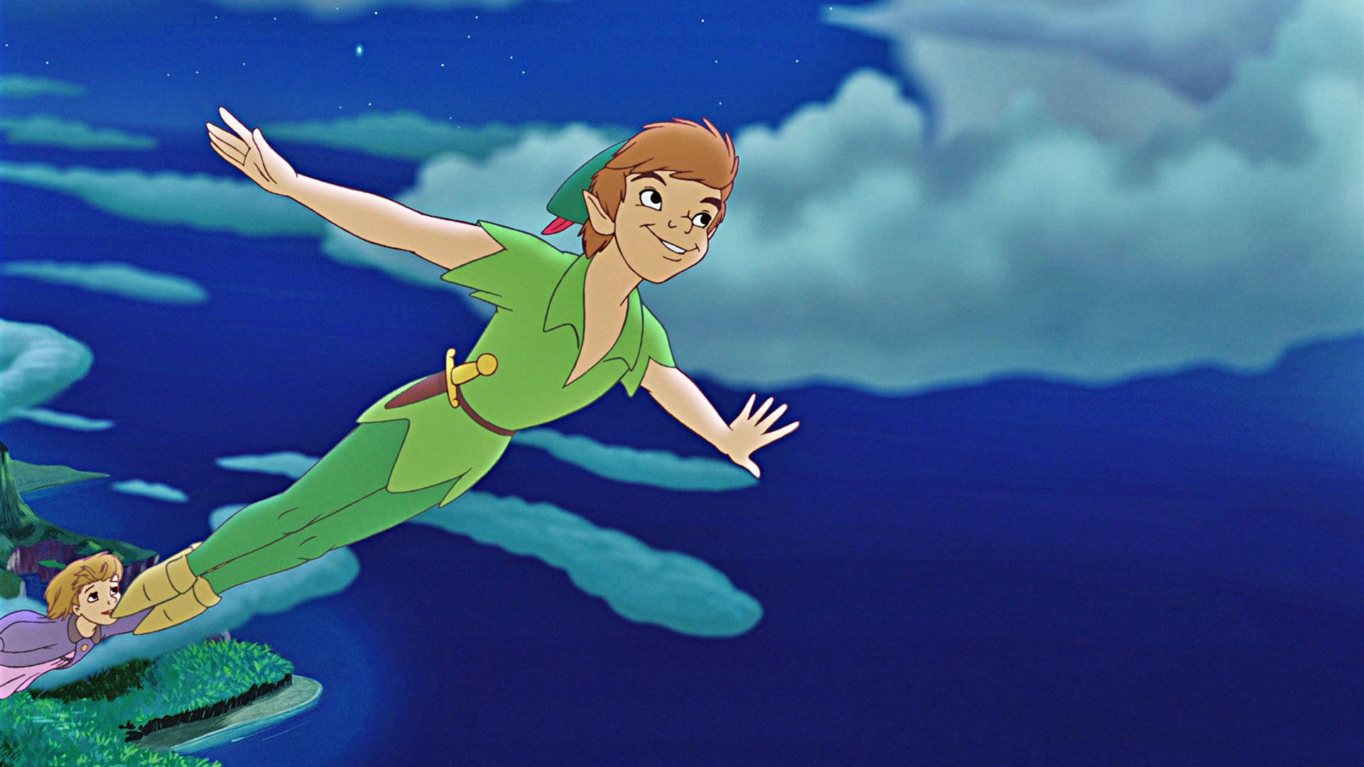 Flyvende Peter Pan-figurer pryder denne fantasifulde baggrund. Wallpaper