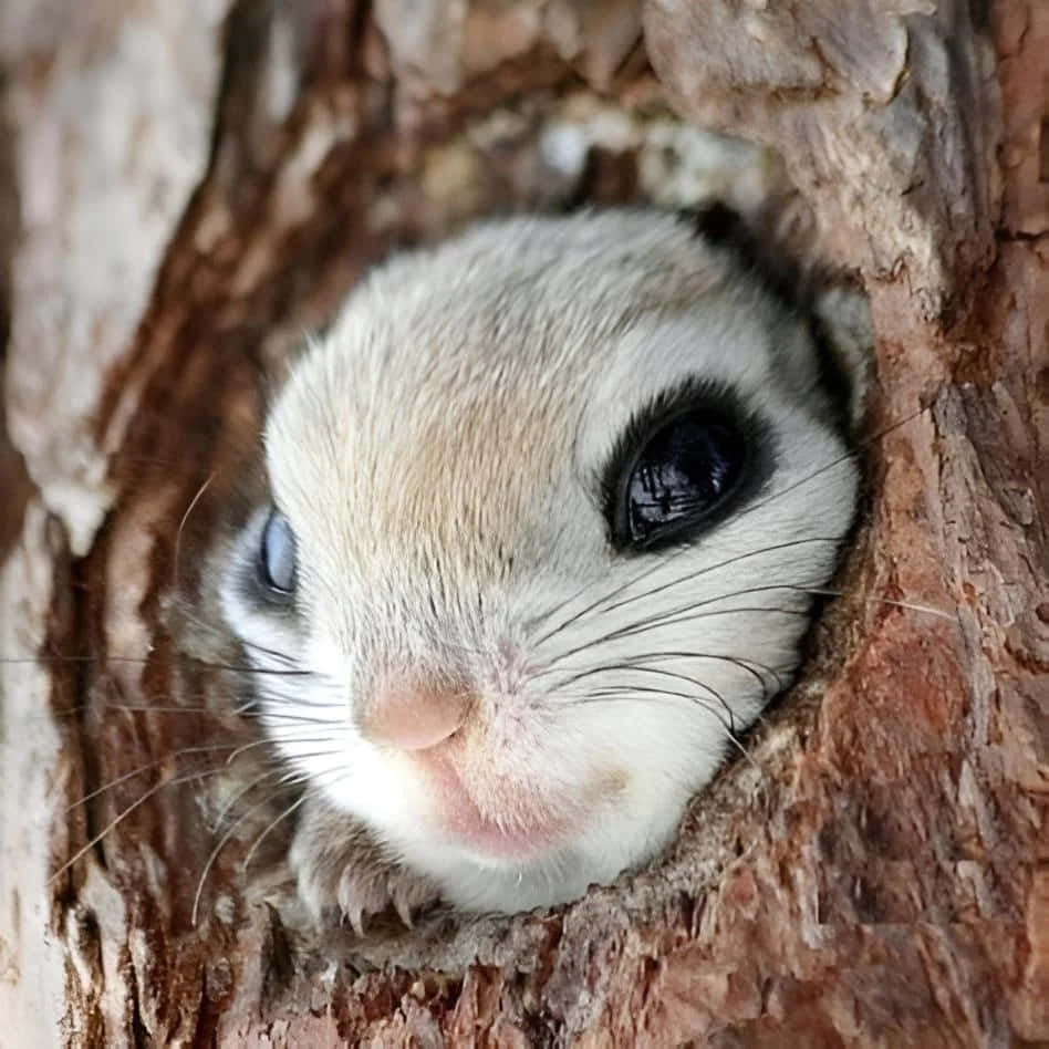 a small squirrel peeking out of a hole in a tree