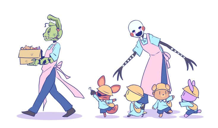 A Group Of Cartoon Characters Walking With A Basket