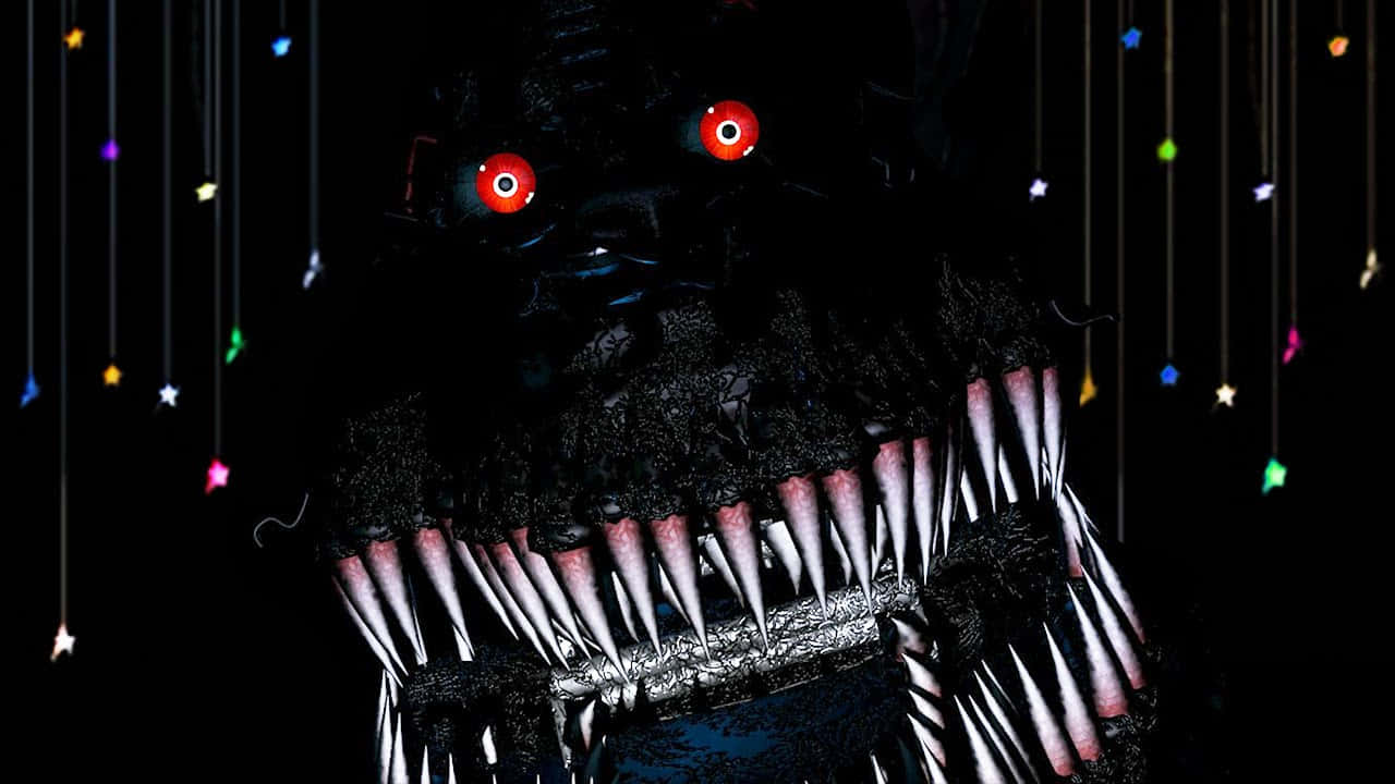 En sort monster med røde øjne og et rødt næse.