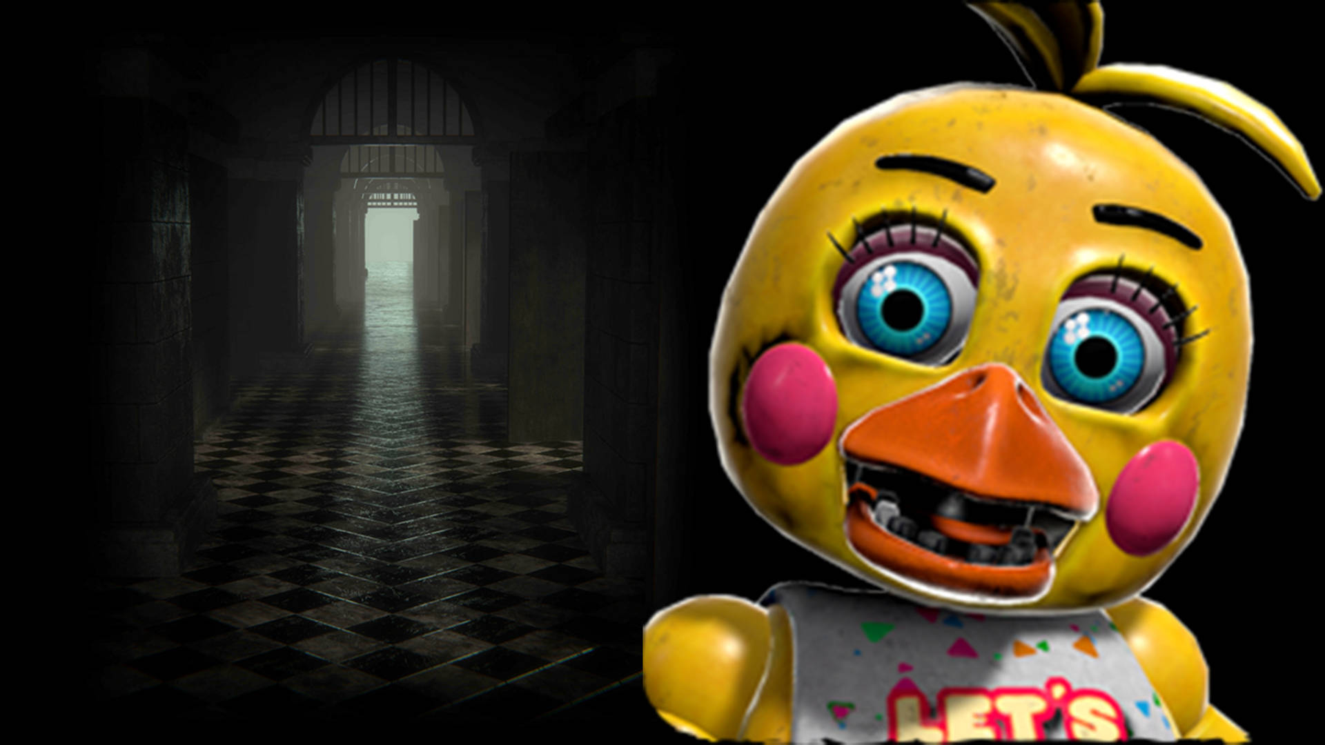 Intriguing scene of Toy Chica navigating through a dark hallway in FNAF. Shrouded in mystery with stunning details. Wallpaper