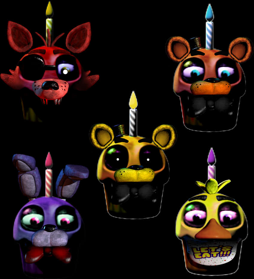 Fnaf_ Animated_ Character_ Heads_with_ Birthday_ Candles PNG