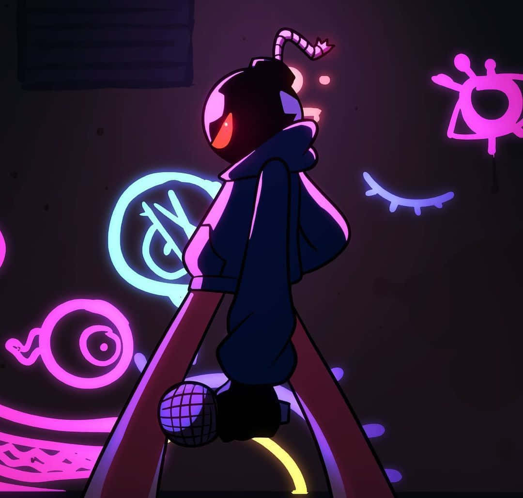 A Cartoon Character Standing In Front Of Neon Lights