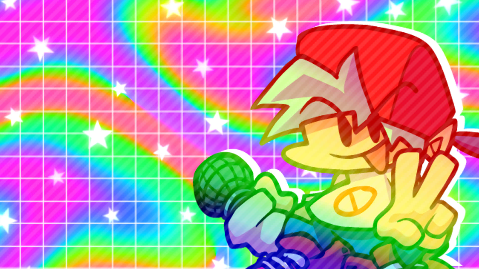 A Cartoon Character With A Red Hat And A Rainbow Background