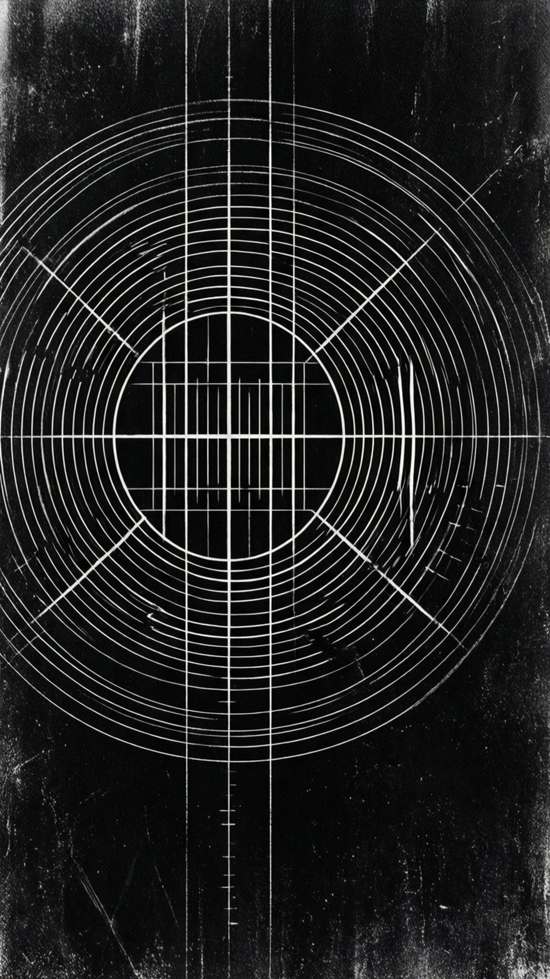 Black and white camera focus chart with lines and patterns, grunge texture.