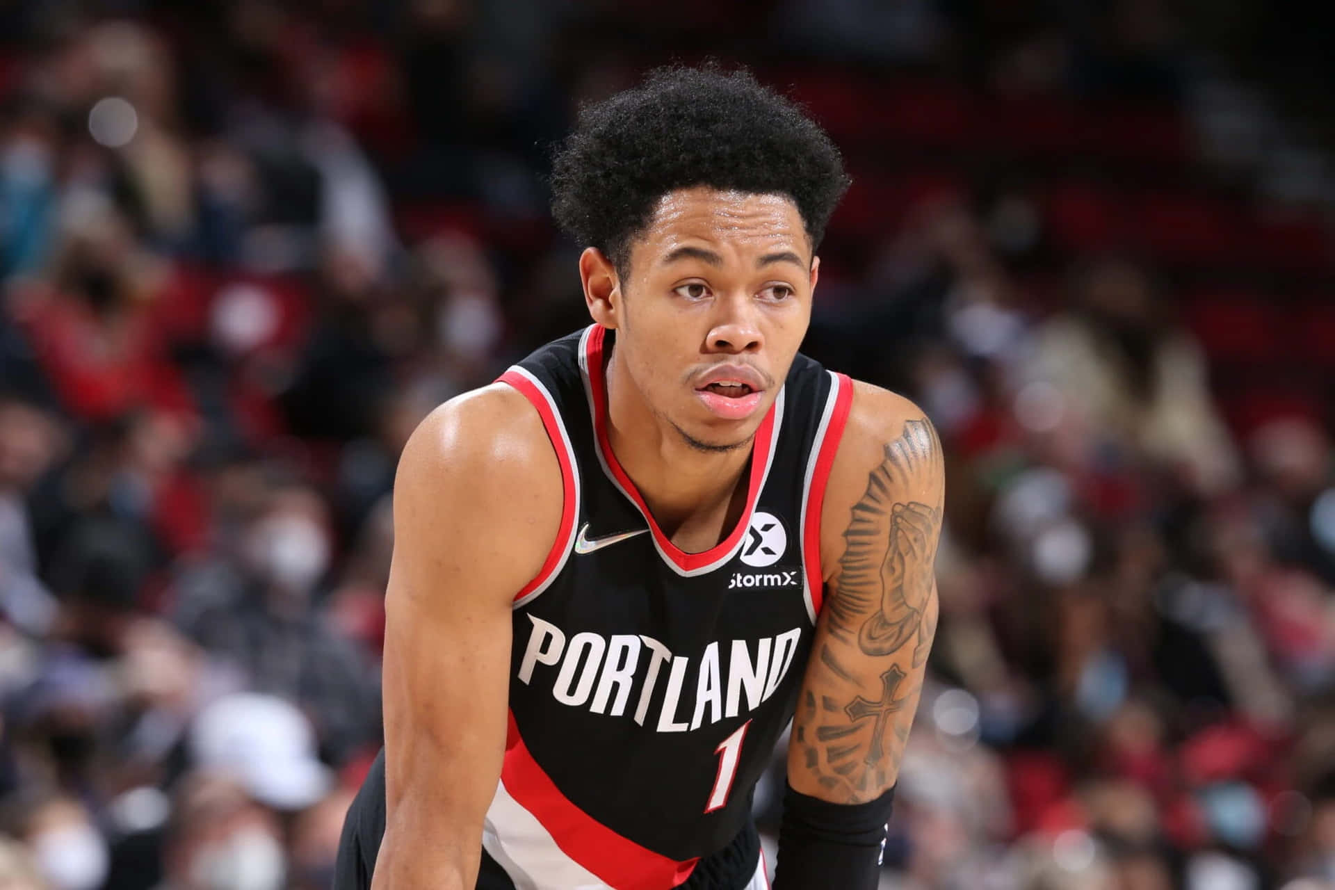 Gefocuste Basketballer Portland Uniform Achtergrond