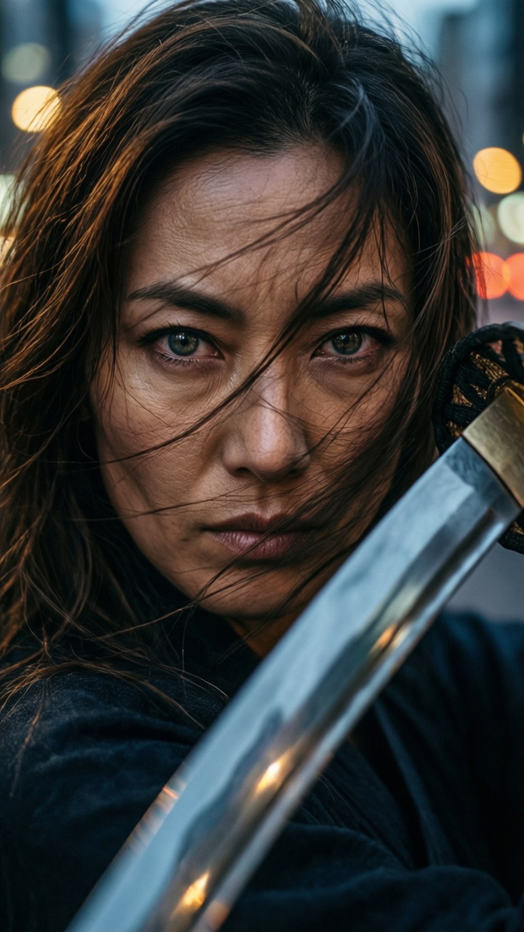 Intenst nærbilde av Erika Karisawa med katana-refleksjon