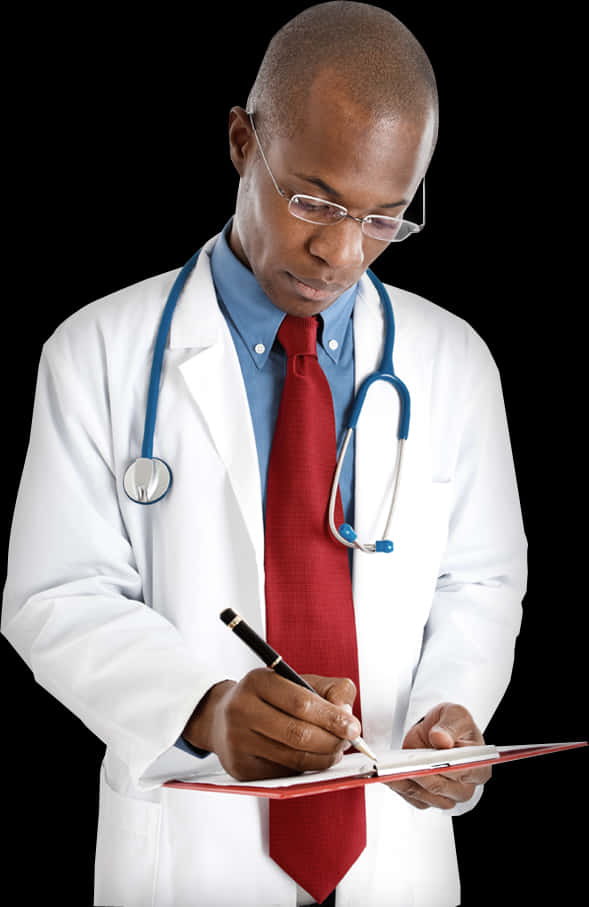 Focused Doctor Writingon Clipboard PNG