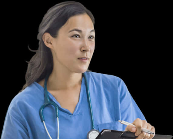 Focused Female Doctorwith Clipboard PNG