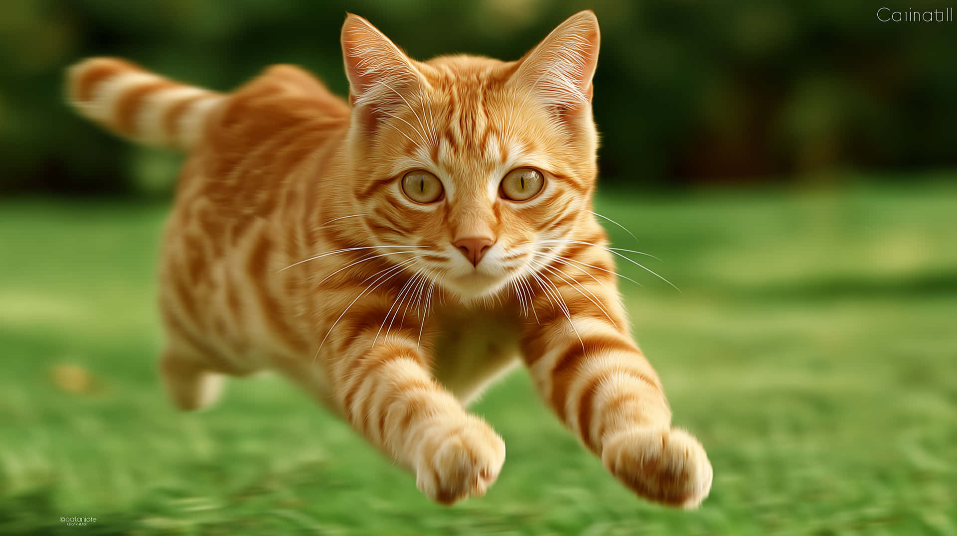 Focused Ginger Cat Mid-run Across Vibrant Green Grass Wallpaper