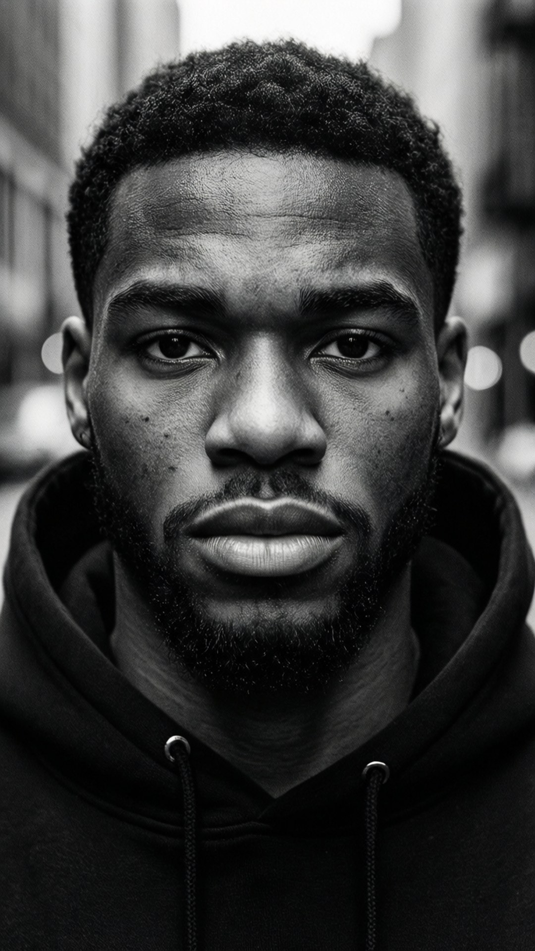 A young man in a hoodie stares directly at the camera on a city street. Wallpaper