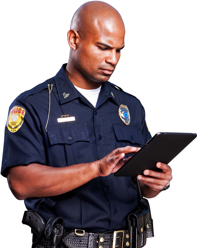 Focused Police Officer Using Tablet PNG