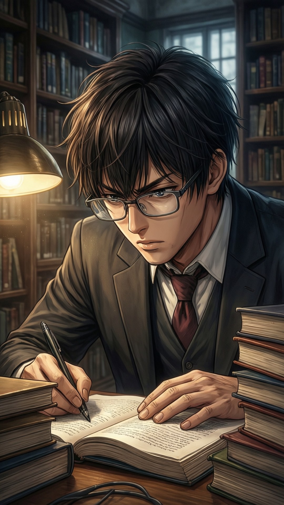 Kei Tsukishima studeert in een bibliotheek, gefocust en serieus.