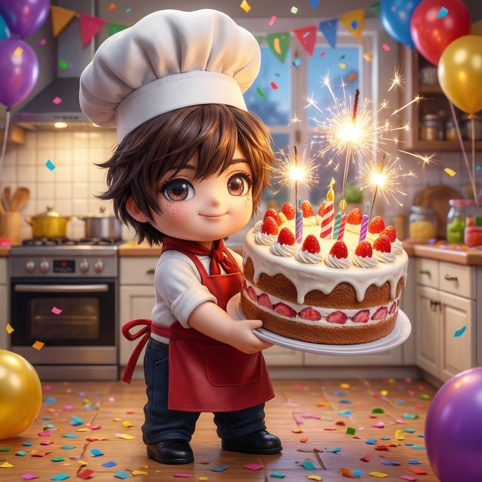 Birthday Cake Chef Wallpaper — A cheerful anime chef child proudly presents a strawberry cake with sparklers in a festive kitchen filled with balloons and confetti.