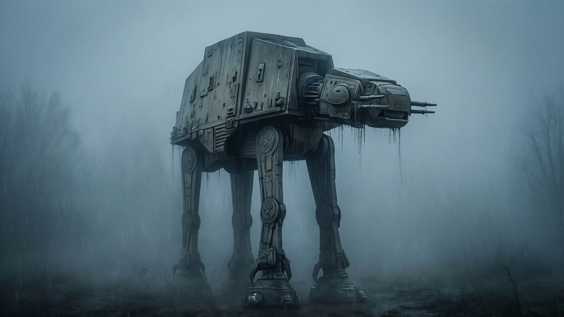 Un AT-AT emerge da una fitta e inquietante nebbia.