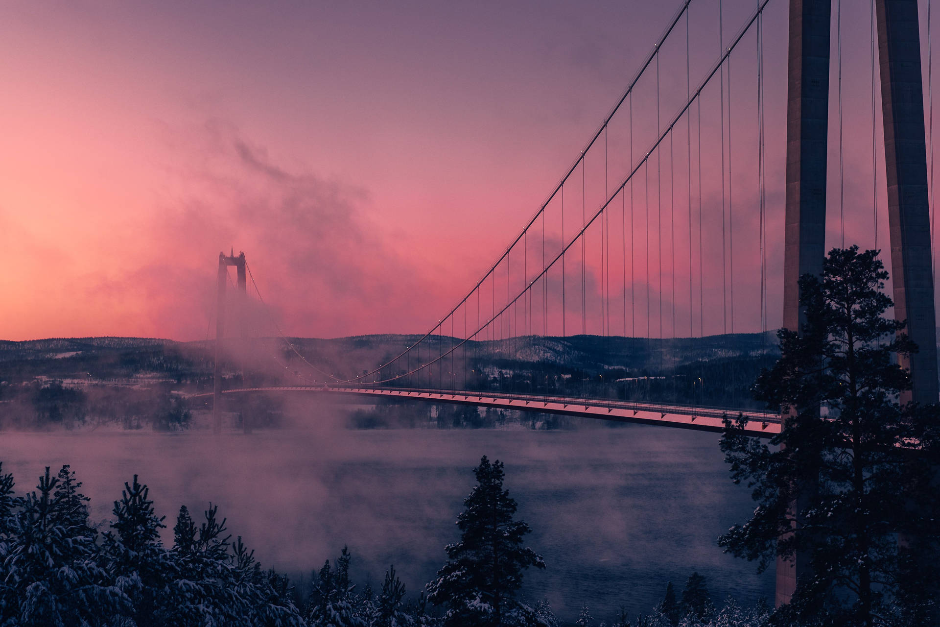 Foggy Bridge Sunset Aesthetic Wallpaper
