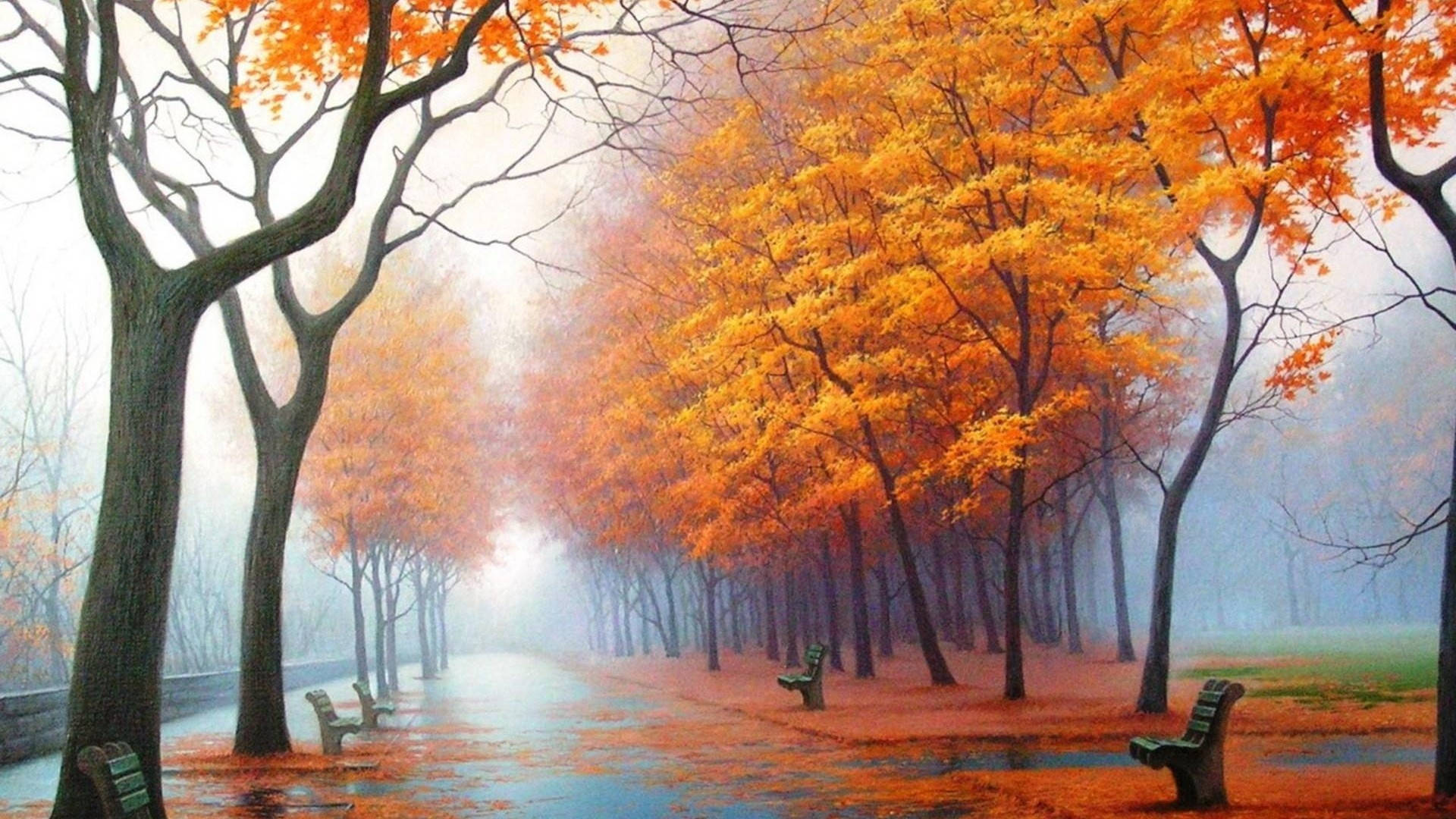 Foggy Fall Season Painting Wallpaper