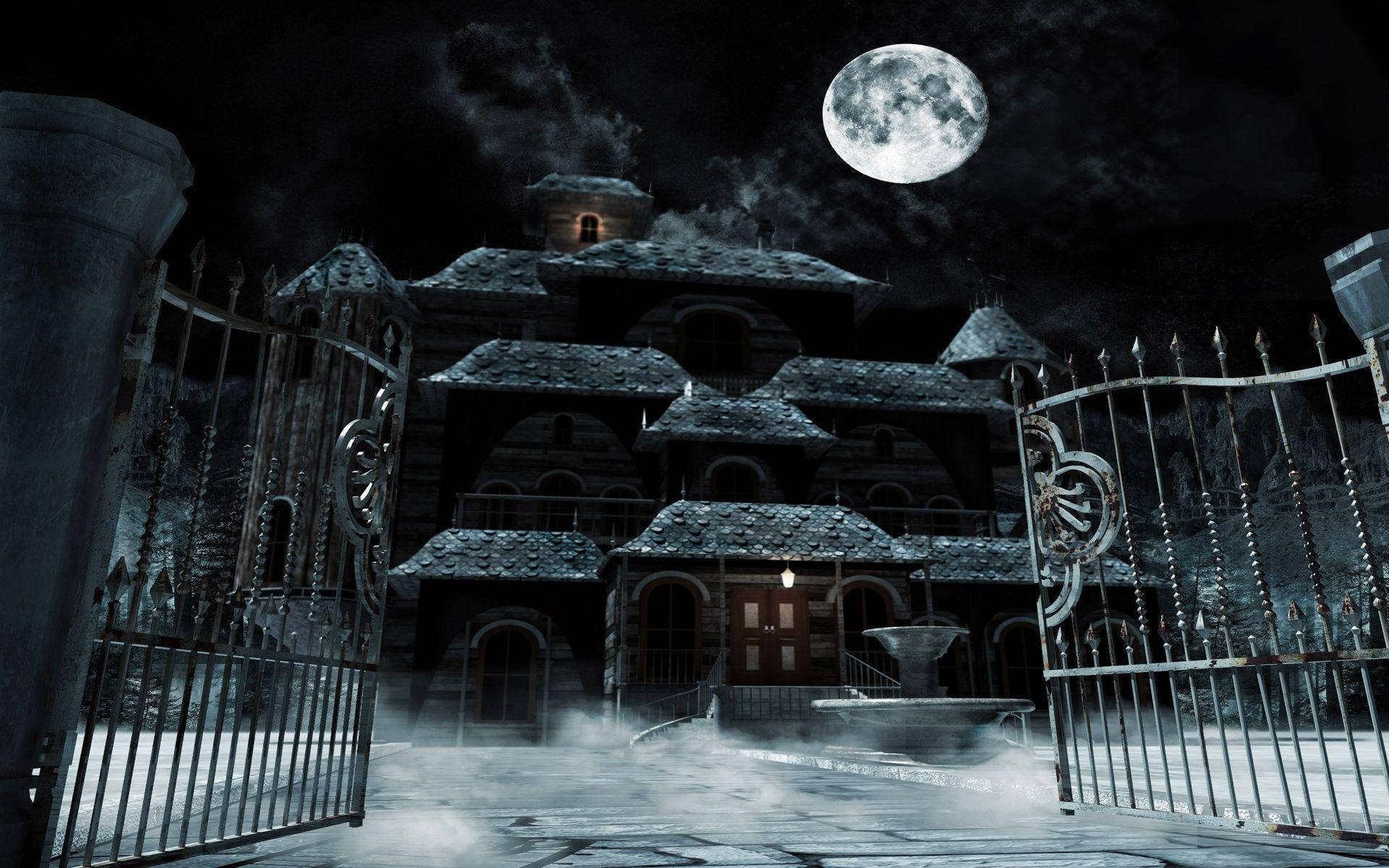 Foggy Haunted House With Moon Wallpaper