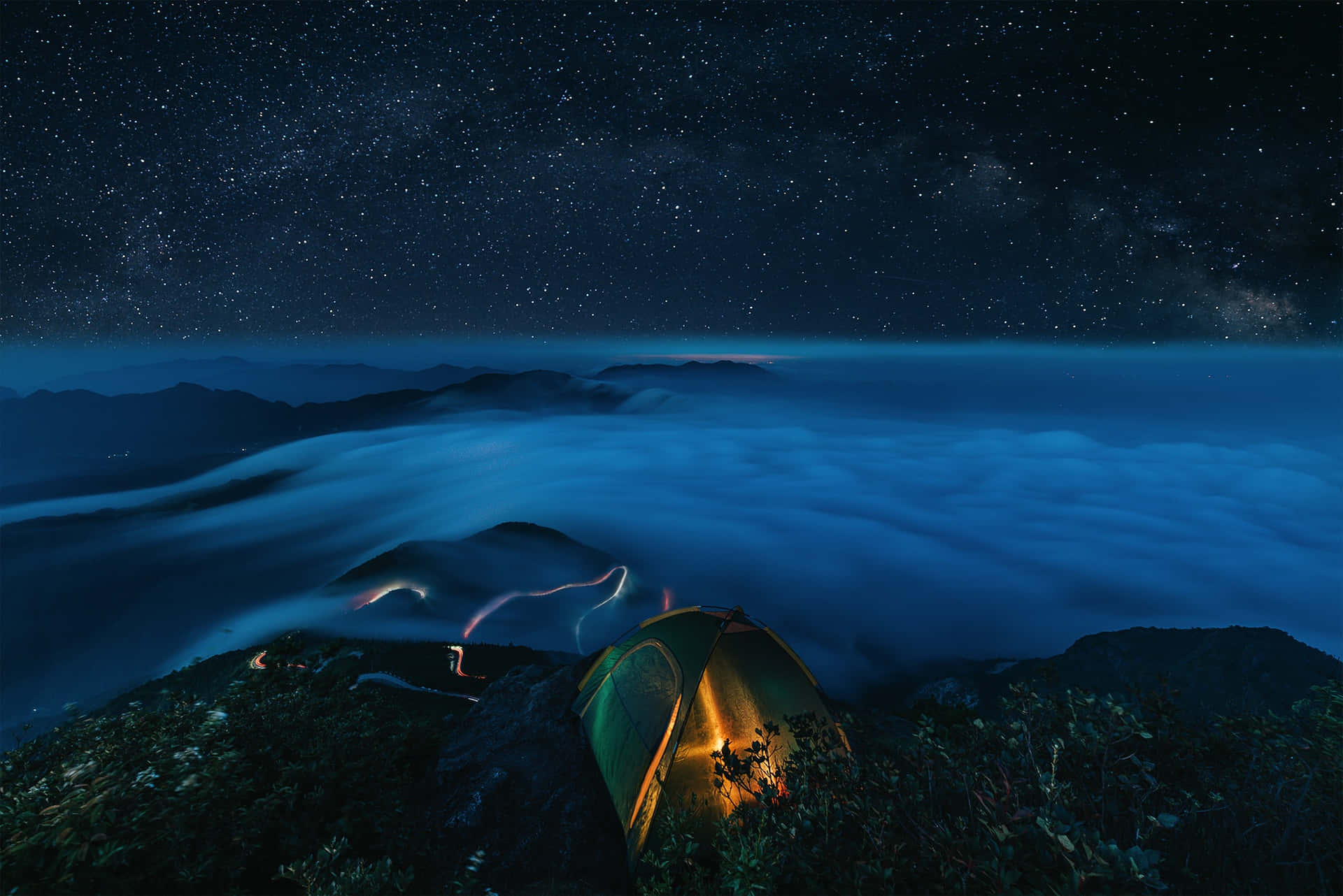 Foggy Night Camping Desktop Wallpaper