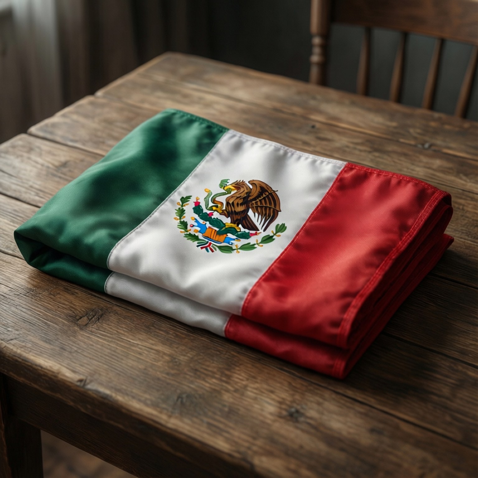 Realistic 3D render of folded Mexican American flag on wooden table.