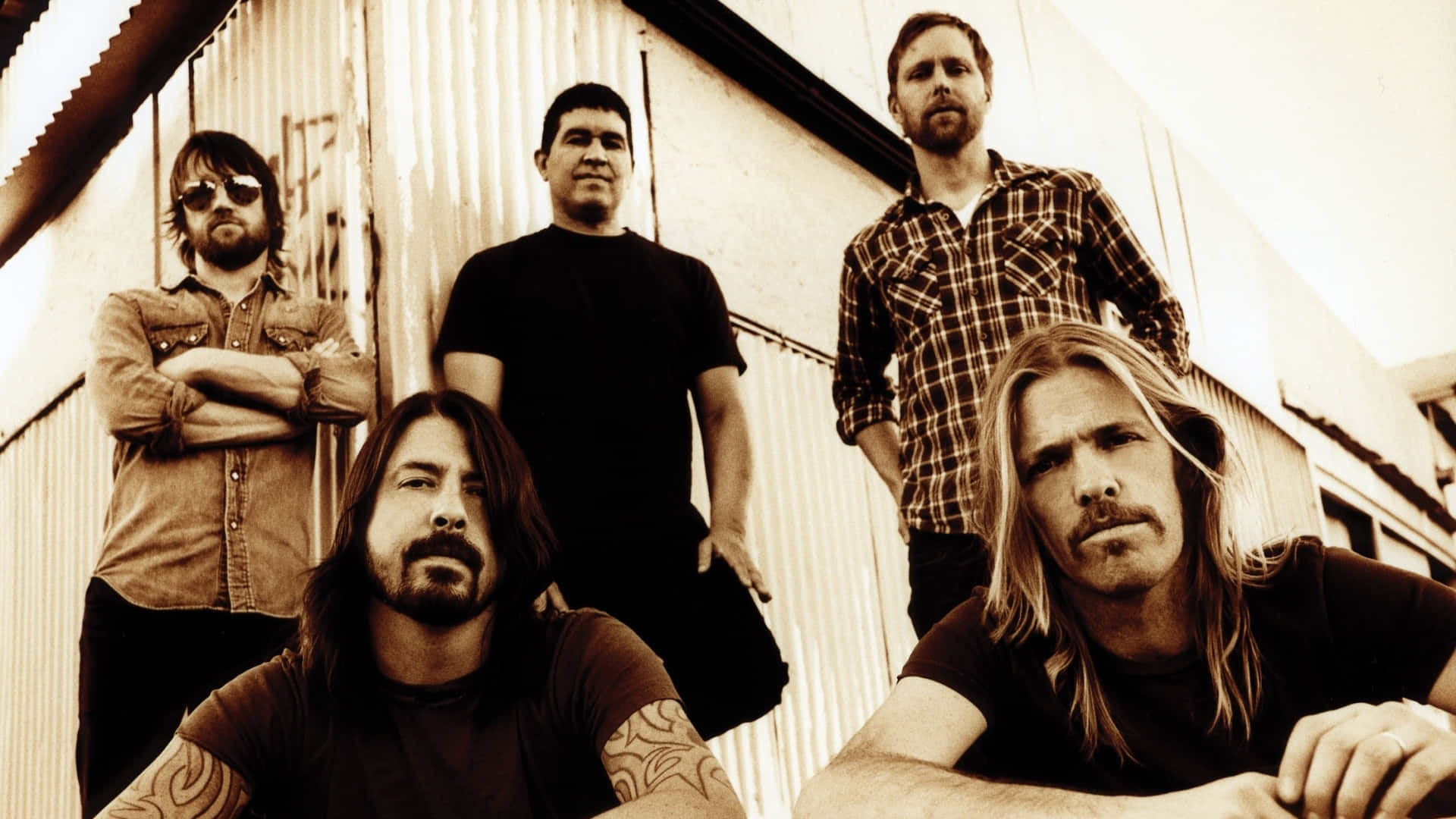 Foo Fighters Band Pose Sepia Tone Wallpaper