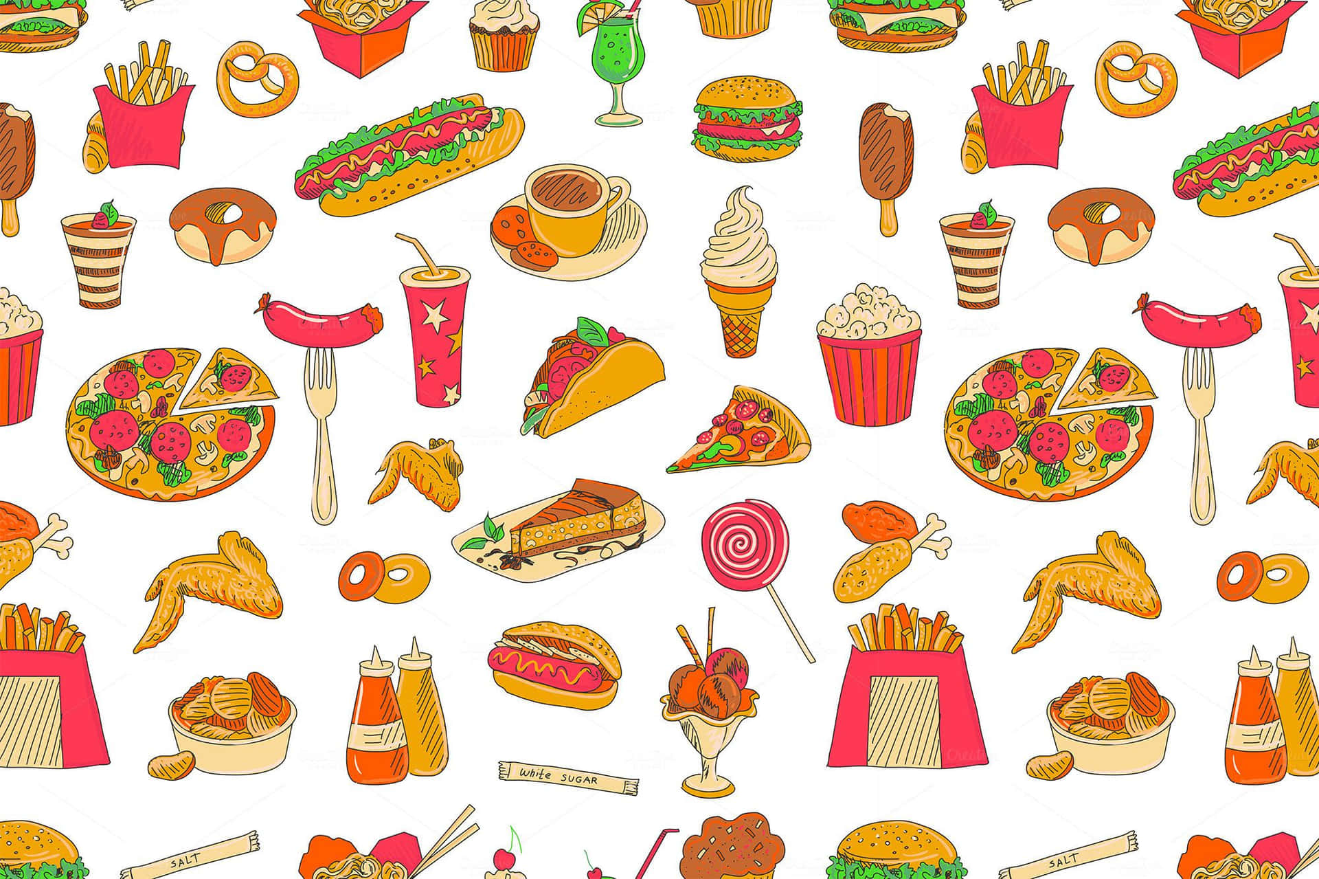 Different Fast Food Vector Art Pattern Background