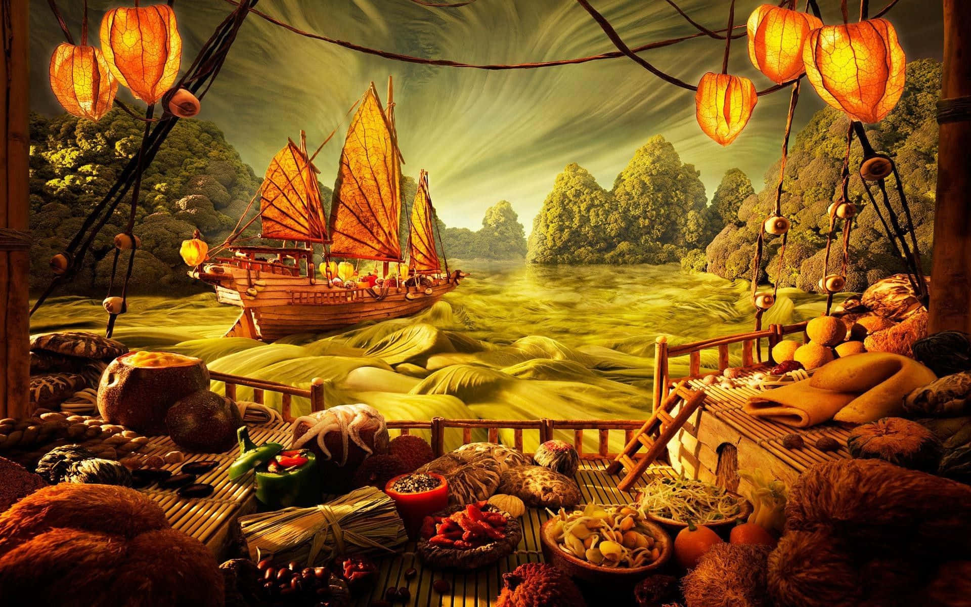 Fantasy Ships Laden With Food Digital Art Background