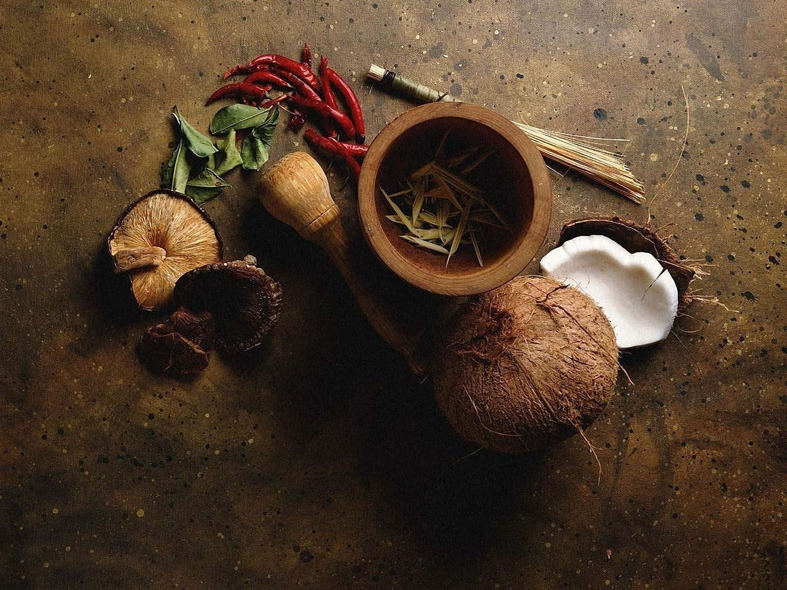 Æstetiskbaggrund Med Coconut Food - Fotograferet Fra Toppen